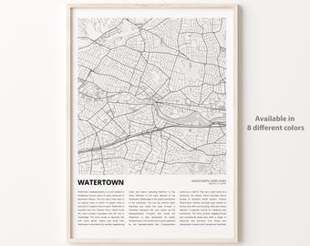Watertown Map Print, Watertown Travel Map, Watertown Wall Decor Art, Watertown Massachusetts, Housewarming Gift