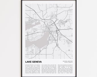 Lake Geneva Map Print, Lake Geneva Travel Map, Lake Geneva Wall Decor Art, Lake Geneva Wisconsin, Housewarming Gift