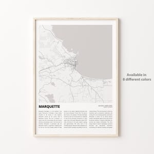 Impresión de mapa de Marquette, mapa de viaje de Marquette, arte de decoración de pared de Marquette, Marquette Michigan, regalo de inauguración de la casa