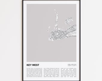 Mapa impreso de Key West, Mapa turístico de Key West, Arte decorativo de pared de Key West, Key West, Florida, Regalo de inauguración de casa