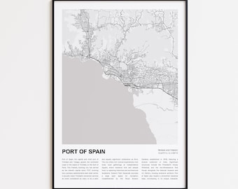 Mapa impreso de Puerto España, Mapa turístico de Puerto España, Decoración de pared de Puerto España, Puerto España, Regalo de inauguración de casa