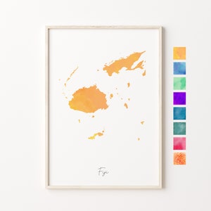 Carte aquarelle Fidji, impression pastel Fidji, art minimaliste Fidji, art mural Fidji, impression carte Fidji, cadeau de pendaison de crémaillère, carte colorée pays Fidji