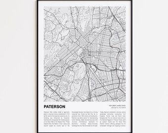 Paterson Map Print, Paterson Travel Map, Paterson Wall Decor Art, Paterson New Jersey, Housewarming Gift