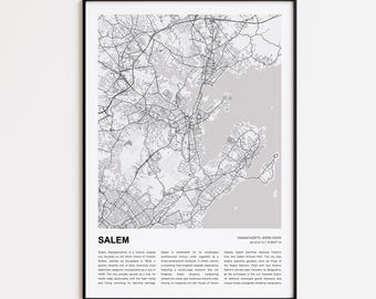 Mapa impreso de Salem, Mapa turístico de Salem, Arte decorativo de pared de Salem, Salem, Massachusetts, Regalo para inauguración de casa