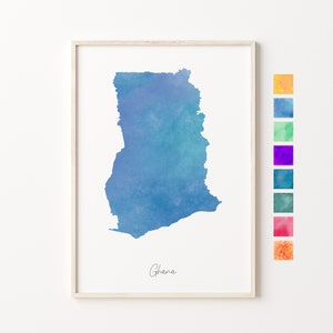 Carte aquarelle du Ghana, impression pastel du Ghana, art minimal du Ghana, art mural du Ghana, impression de carte du Ghana, cadeau de pendaison de crémaillère, carte colorée du pays du Ghana