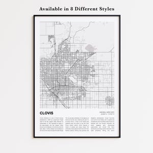 Mapa impreso de Clovis, Mapa turístico de Clovis, Arte decorativo de pared de Clovis, Clovis, California, Regalo para inauguración de casa