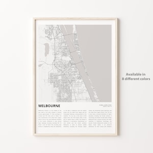 Impresión de mapas de Melbourne, mapa de viajes de Melbourne, arte de decoración de pared de Melbourne, Melbourne Florida, regalo de inauguración de la casa