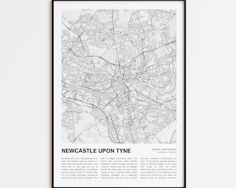 Newcastle upon Tyne Map Print, Newcastle upon Tyne Travel Map, Newcastle upon Tyne Wall Decor Art, Newcastle upon Tyne England