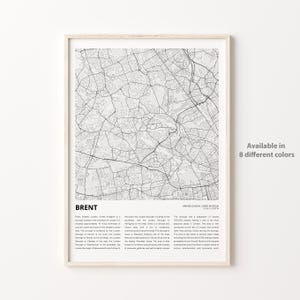 Impresión de mapa de Brent, mapa de viaje de Brent, arte de decoración de pared de Brent, Brent Greater London, regalo de inauguración de la casa