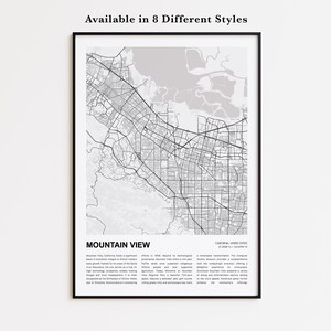 Puede incluir: Impresión enmarcada en blanco y negro de un mapa de Mountain View, California, con texto. El mapa muestra las calles y los alrededores de la ciudad. El texto incluye el nombre de la ciudad y una descripción.