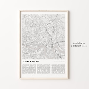 Impresión de mapa de Tower Hamlets, mapa de viaje de Tower Hamlets, arte de decoración de pared de Tower Hamlets, Tower Hamlets Greater London, regalo de inauguración de la casa