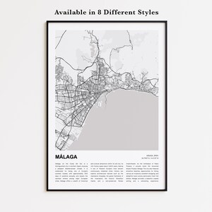 May include: Framed black and white map print of Málaga, Spain, with the city's name and coordinates. The print includes the text "Available in 8 Different Styles". The map details the city's layout, coastline, and surrounding areas.