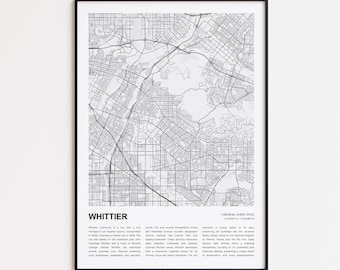 Whittier Map Print, Whittier Travel Map, Whittier Wall Decor Art, Whittier California, Housewarming Gift