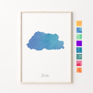 Carte aquarelle du Bhoutan, impression pastel du Bhoutan, art minimal du Bhoutan, art mural Bhoutan, impression carte du Bhoutan, cadeau de pendaison de crémaillère, carte du pays du Bhoutan