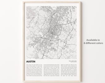 Austin Map Print, Austin Travel Map, Austin Wall Decor Art, Austin Texas, Housewarming Gift  Personalized Map poster print