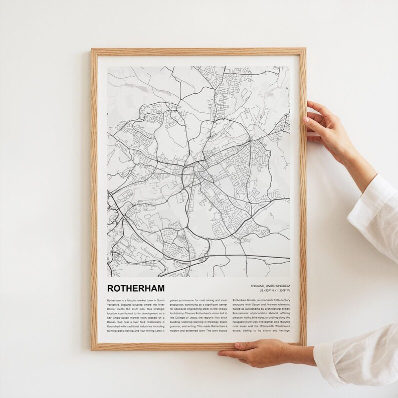 Rotherham Map Print, Rotherham Travel Map, Rotherham Wall Decor Art ...
