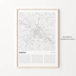 Impresión de mapa de Amiens, mapa de viaje de Amiens, arte de decoración de pared de Amiens, Amiens Somme, regalo de inauguración de la casa, impresión de póster de mapa personalizado