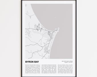 Mapa impreso de Byron Bay, Mapa turístico de Byron Bay, Arte decorativo de pared de Byron Bay, Byron Bay, Nueva Gales del Sur, Regalo de inauguración de casa