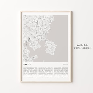 Impresión de mapa de Manly, mapa de viaje de Manly, arte de decoración de pared de Manly, Manly Nueva Gales del Sur, regalo de inauguración de la casa