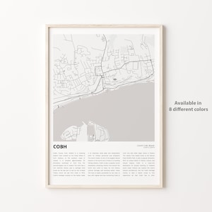 Impresión de mapas de Cobh, mapa de viaje de Cobh, arte de decoración de pared de Cobh, corcho del condado de Cobh, regalo de inauguración de la casa