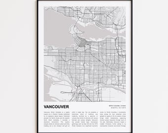 Vancouver-kaartafdruk, Vancouver-reiskaart, Vancouver-muurdecoratiekunst, Vancouver Brits-Columbia, housewarmingcadeau