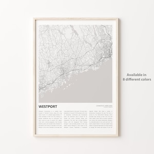 Impresión de mapas de Westport, mapa de viajes de Westport, arte de decoración de pared de Westport, Westport Connecticut, regalo de inauguración de la casa
