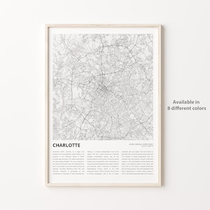 Impresión de mapa de Charlotte, mapa de viaje de Charlotte, arte de decoración de pared de Charlotte, Charlotte, Carolina del Norte, regalo de inauguración de la casa