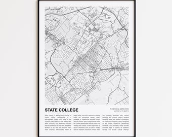 State College Map Print, State College Travel Map, State College Wall Decor Art, State College Pennsylvania, Housewarming Gift