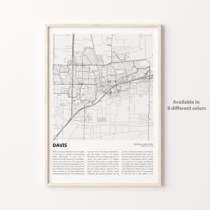 Impresión de mapas de Davis, mapa de viajes de Davis, arte de decoración de pared de Davis, Davis California, regalo de inauguración de la casa