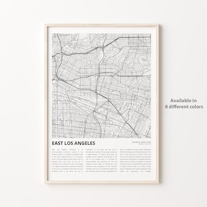 Impresión de mapa del este de Los Ángeles, mapa de viaje del este de Los Ángeles, arte de decoración de pared del este de Los Ángeles, este de Los Ángeles, California, regalo de inauguración de la casa
