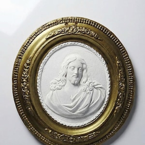 Antique plaster religious wall medallion of Christ, 19th century, Louis XVI style, French antique religious wall decoration, Jesus, 1880-1910