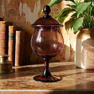 Peut inclure: Un bocal en verre violet foncé avec un couvercle, posé sur une surface en bois. Le bocal a un corps bulbeux, une base à pied et un petit bouton sur le couvercle. Le fond comprend de vieux livres et une plante en pot, suggérant une esthétique classique et antique.