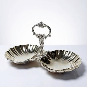 Antique double serving tray in light gold-tone metal with vintage 1950s-70s rococo shell-shaped cups, metal trinket tray, decorative dish