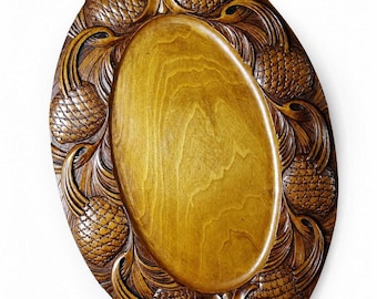 Gesneden houten dienblad versierd met dennenappels, Art Nouveau-stijl, 20e eeuw, zeldzaam Frans decoratief vakmanschap