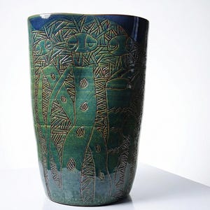 Jarrón de cerámica azul verdoso vintage único y raro, hecho a mano, con decoración tribal incisa. Cerámica Eseka, Camerún. Artesanía cerámica modernista.