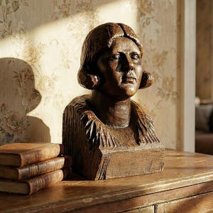 Könnte beinhalten: Holzbüste einer Frau mit kurzen Haaren und detailliertem Schnitzdesign. Die Büste steht auf einer Holzoberfläche, links ein Stapel Bücher. Die Büste hat eine warme braune Farbe, der Hintergrund ist eine Tapete mit Blumenmuster.