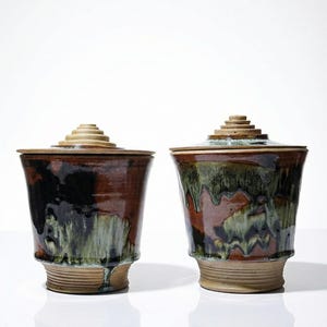 Duo de pots en grès vintages 80-90 Japonisants Studio Poterie signés artisanaux unique mid-century français style asiatique rares