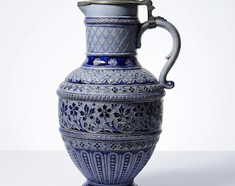 Large beer pitcher in salt-glazed stoneware and tinplate, Germany, Westerwald type, antique, 1910s-1920s