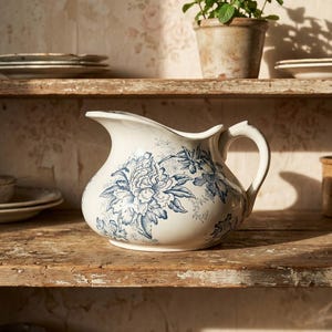 Könnte beinhalten: Cremefarbener Keramikkrug mit blauem Blumenmuster. Der Krug hat einen gebogenen Griff und einen Ausguss. Er steht auf einem Holzregal zusammen mit anderem Geschirr und einer Topfpflanze.