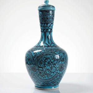 Zeldzame vintage Perzische geglazuurde aardewerk Iznik vaas of pot met turquoise beschildering, handgemaakte oosterse fles uit de jaren 1950-1960.