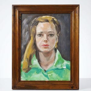 Vintage-Porträt „Die Frau in Grün“, Öl auf Leinwandkarton, Holzrahmen, 1990er-2000er Jahre, Unikat