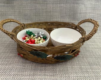 Montessori Tonging Christmas Material with Mini Gift Bows, Metal Tongs, Ceramic Bowls and a Wicker Basket for Ages 2-6 Practical Life Lesson