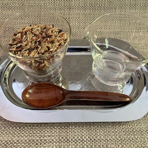 Practical Life Montessori Materials for Extension Activity Spooning and Pouring 1:1 with Metal Tray, Glass Tumblers, and Wooden Spoon