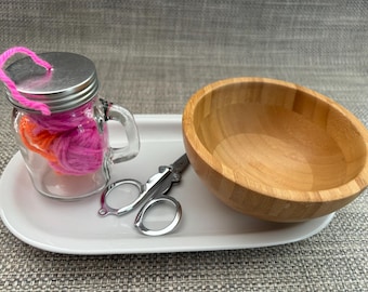 Montessori Method Inspired Practical Life Yarn Snipping Activity with Hot Pink and Neon Orange Yarns, Metal Scissors, and Bamboo Bowl