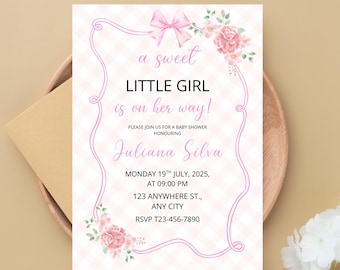 Editable Pink Bow Baby Shower Invitation, Pink Coquette Bow Baby Shower, Baby Shower Invitation, Girl Baby Shower Invite, Digital Download