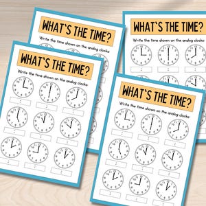 May include: Four printable worksheets with the title "What's the Time?" and analog clocks for students to practice telling time.
