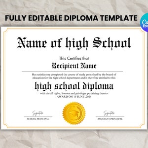 Editable High School Diploma Template, Home School Diploma, High School Diploma, Diploma Replica Template, Instant Download