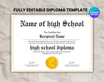 Editable High School Diploma Template, Home School Diploma, High School Diploma, Diploma Replica Template, Instant Download