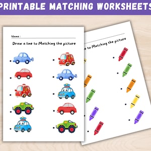 May include: A printable worksheet for kids to practice matching pictures. The worksheet features a variety of colorful cars and crayons. The instructions are "Draw a line to Matching the picture".