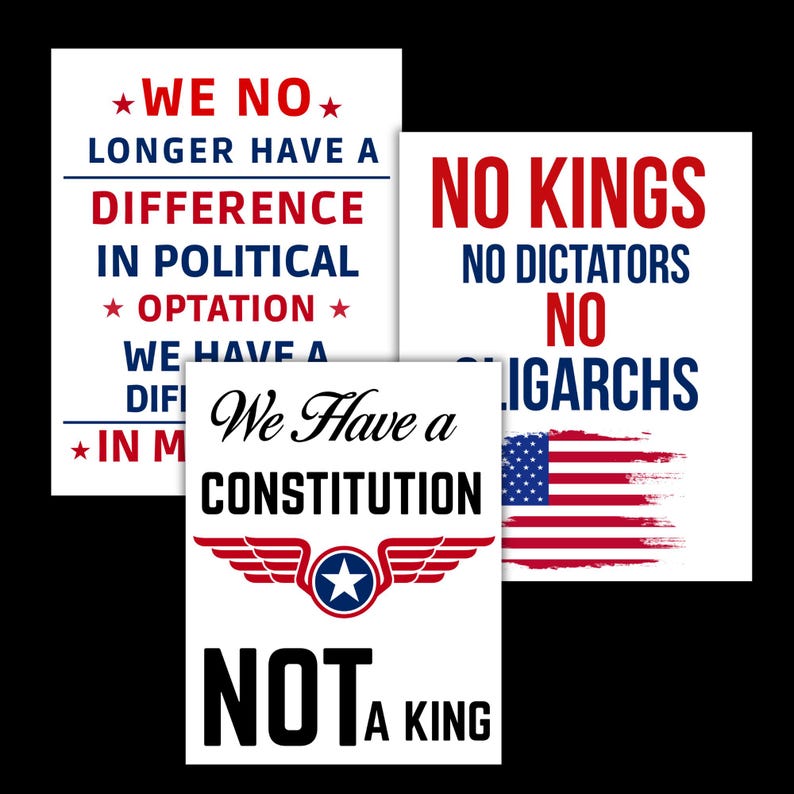 May include: Three white posters with political statements. One reads "We no longer have a difference in political optation." Another says "No kings, no dictators, no oligarchs" with a US flag. The third says "We have a constitution, not a king."